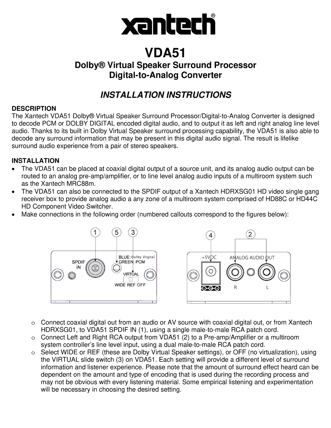 Xantech VDA51 installation instructions Installation Instructions, Description 