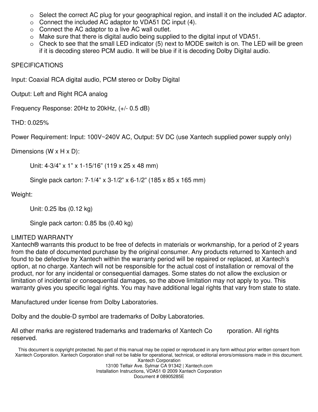 Xantech VDA51 installation instructions Specifications, Limited Warranty 