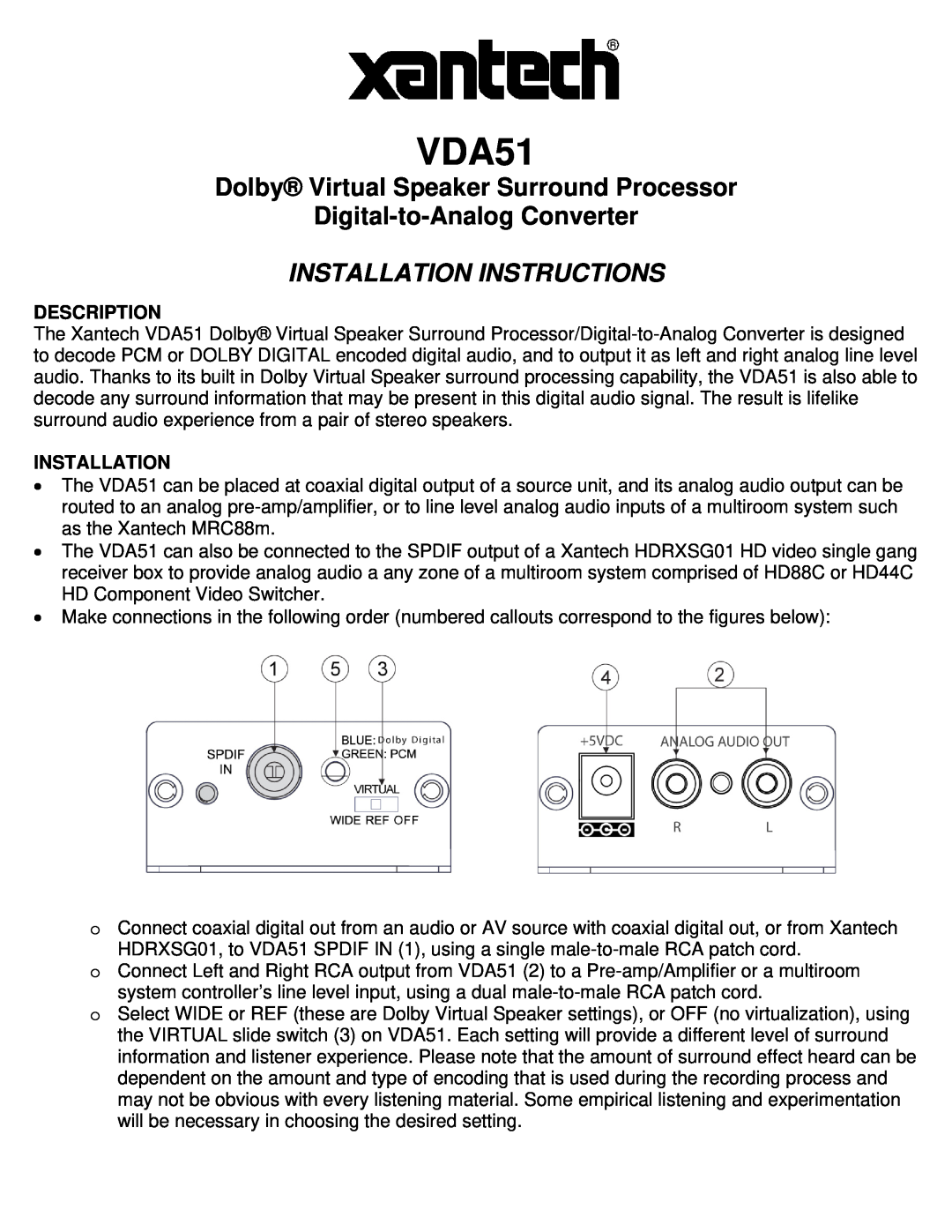Xantech VDA51 installation instructions Description, Installation, Dolby Virtual Speaker Surround Processor 