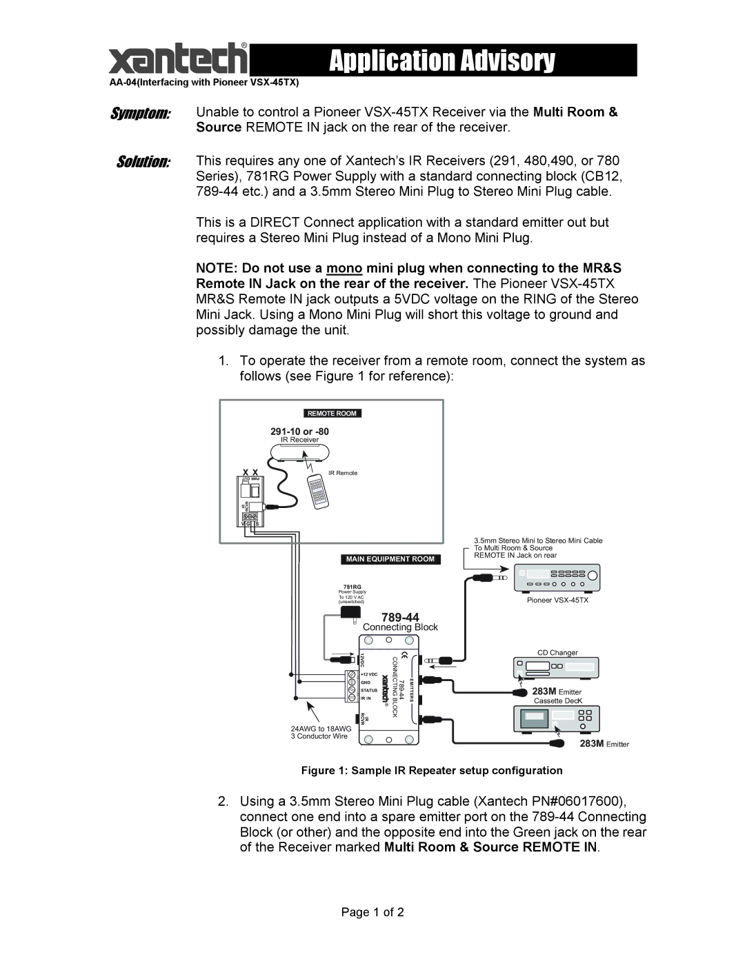 Xantech manual Application Advisory, Solution, 789-44, AA-04Interfacing with Pioneer VSX-45TX, 291-10 or 