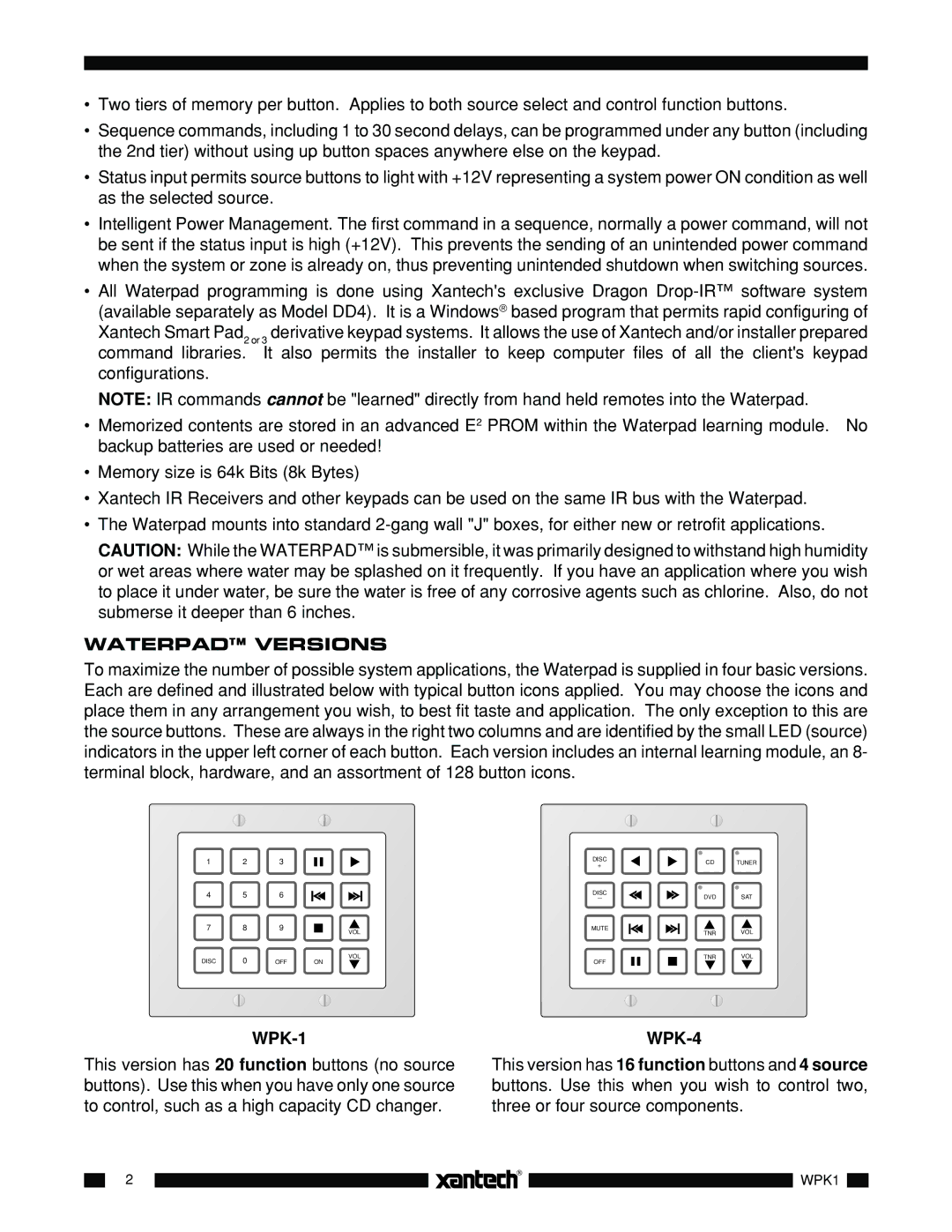 Xantech WPK4, WPK8, WPK6, WPK1 installation instructions Waterpad Versions, WPK-1, WPK-4 