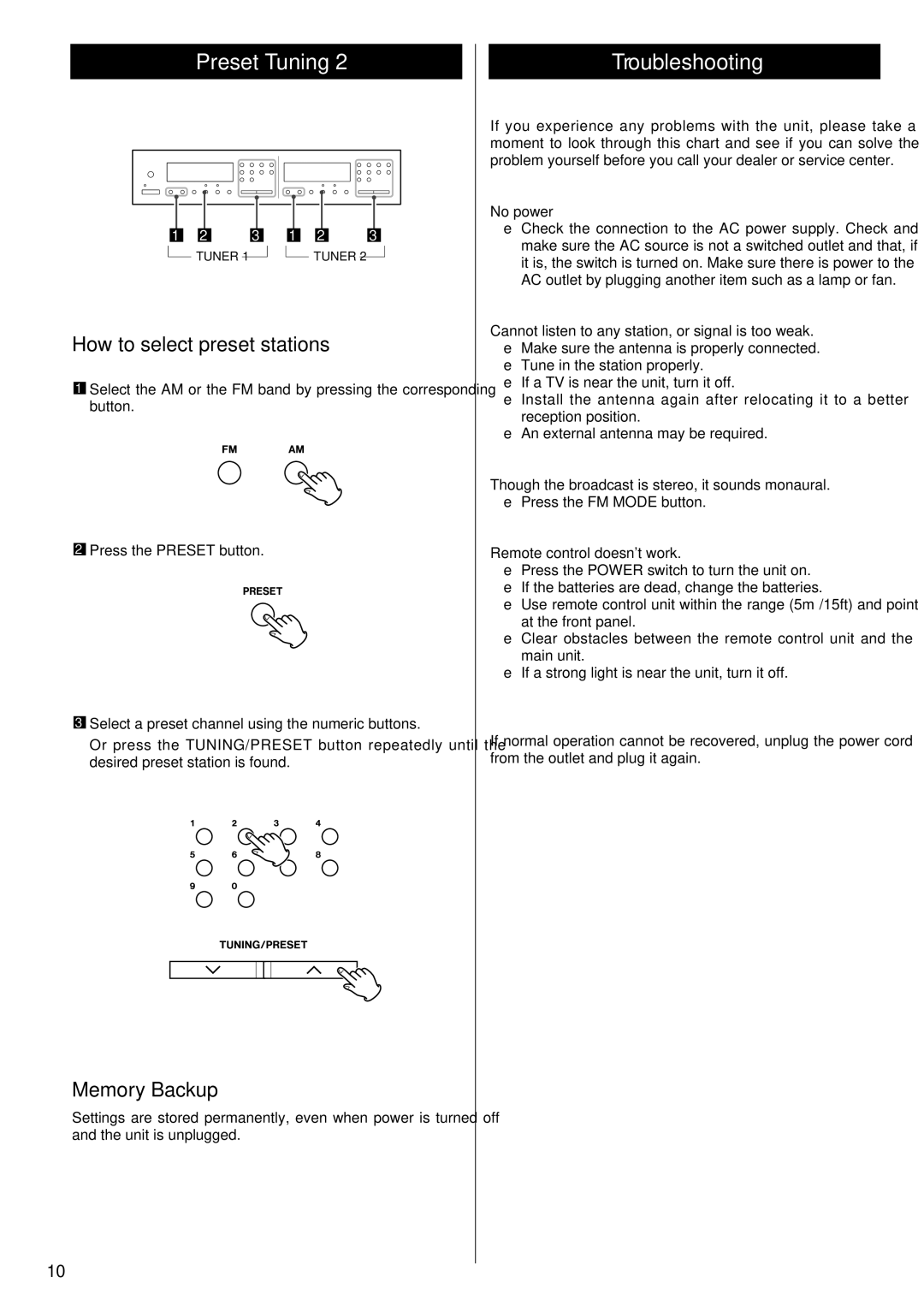 Xantech XDT77 owner manual Troubleshooting, How to select preset stations, Memory Backup 