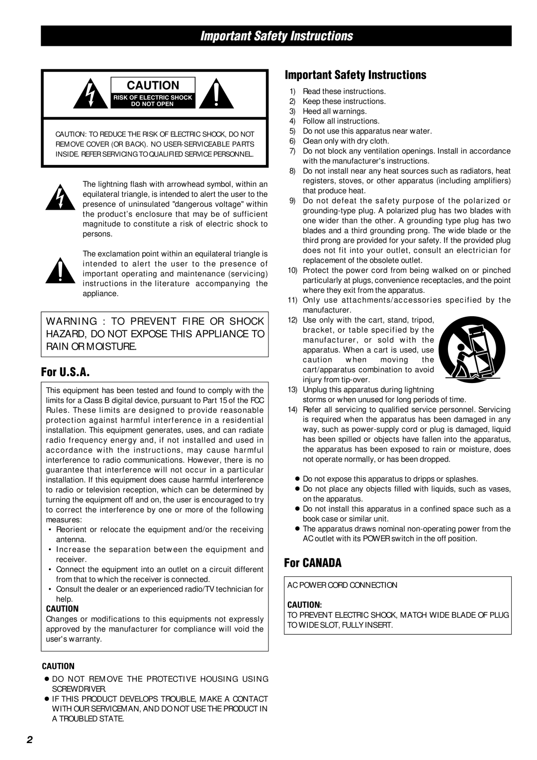 Xantech XDT77 owner manual Important Safety Instructions, For U.S.A, For Canada 