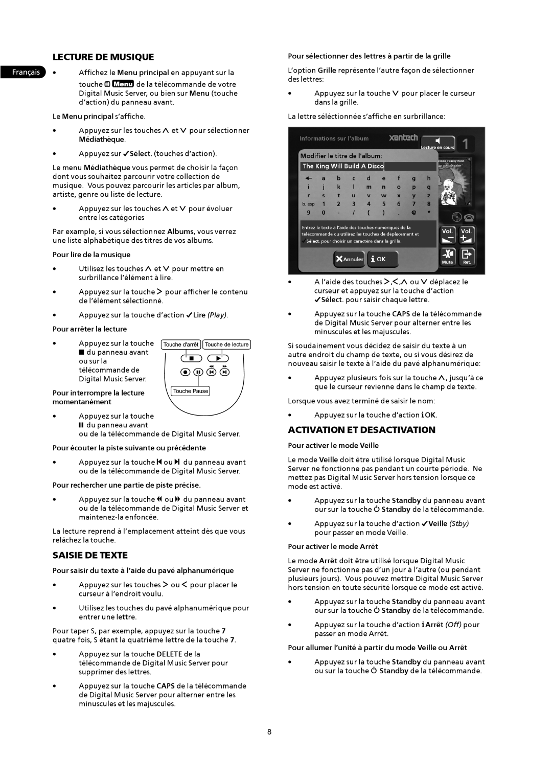 Xantech XMusic manual Lecture DE Musique, Saisie DE Texte, Activation ET Desactivation 