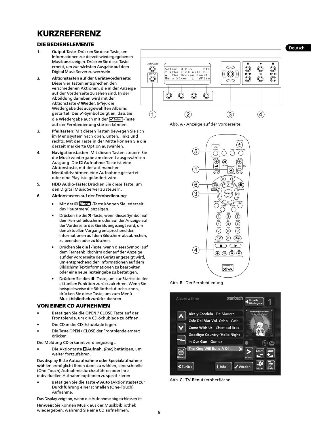 Xantech XMusic manual Kurzreferenz, DIE Bedienelemente, VON Einer CD Aufnehmen, Aktionstasten auf der Fernbedienung 