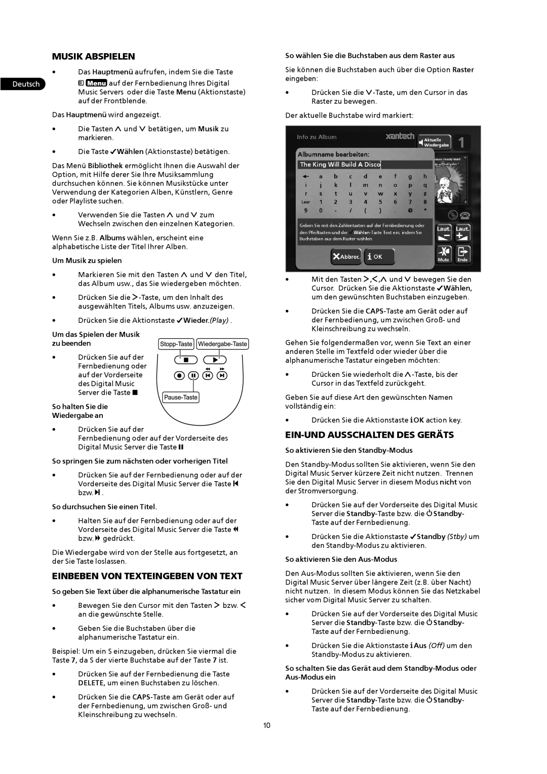 Xantech XMusic manual Musik Abspielen, Einbeben VON Texteingeben VON Text, EIN-UND Ausschalten DES Geräts 