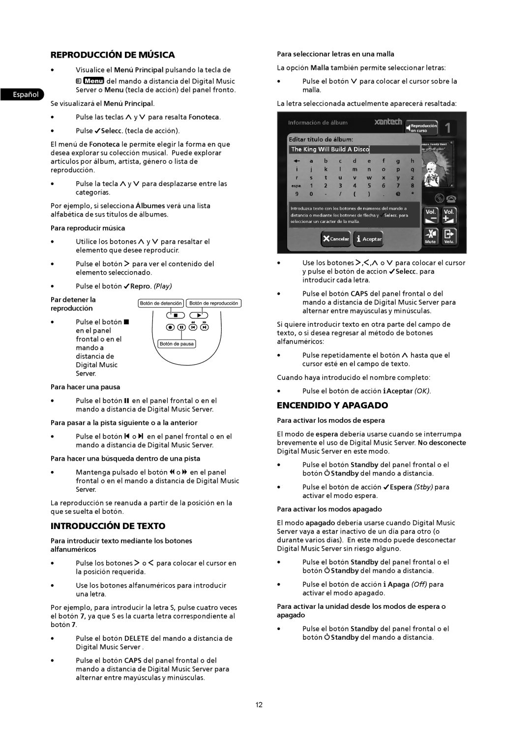 Xantech XMusic manual Reproducción DE Música, Introducción DE Texto, Encendido Y Apagado 