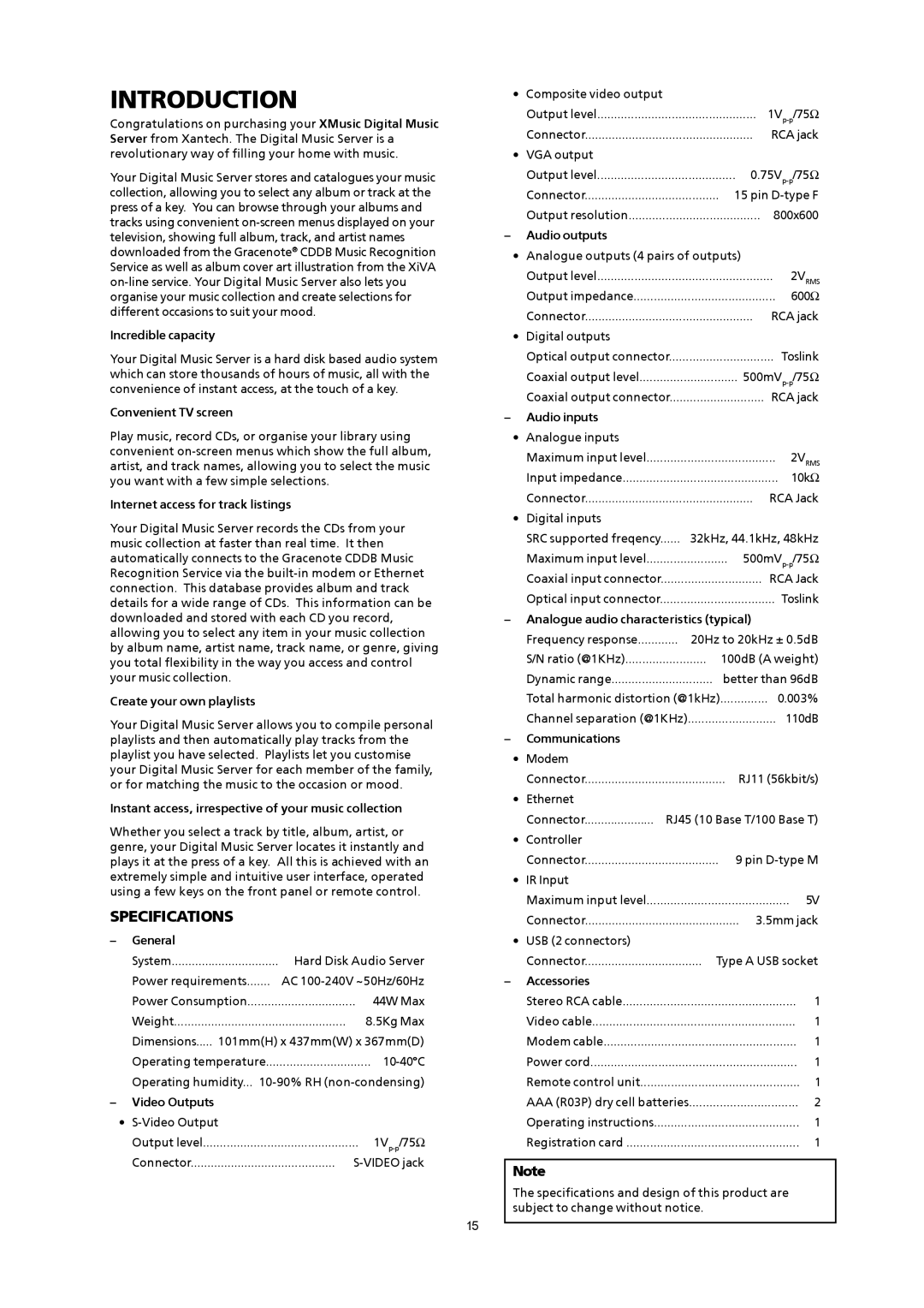 Xantech XMusic manual Introduction, Specifications 