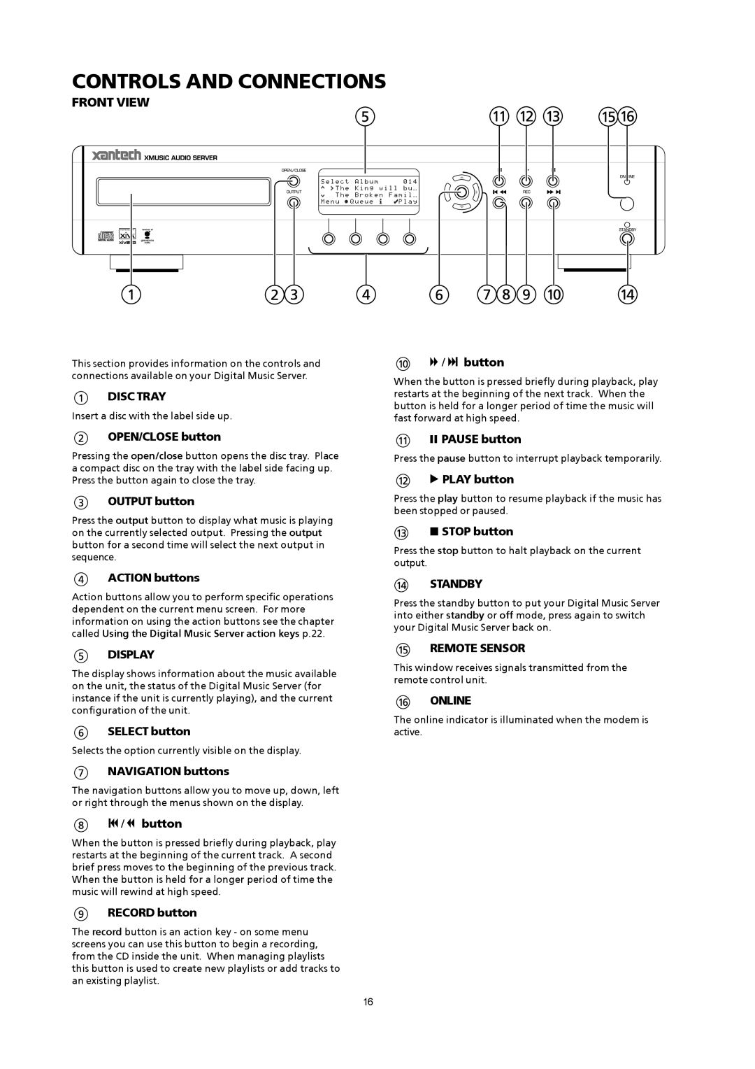 Xantech XMusic manual Controls and Connections, Front View 