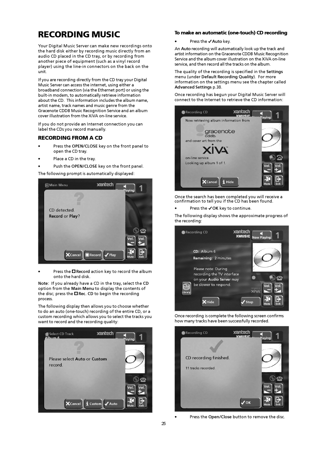 Xantech XMusic manual Recording Music, To make an automatic one-touch CD recording 