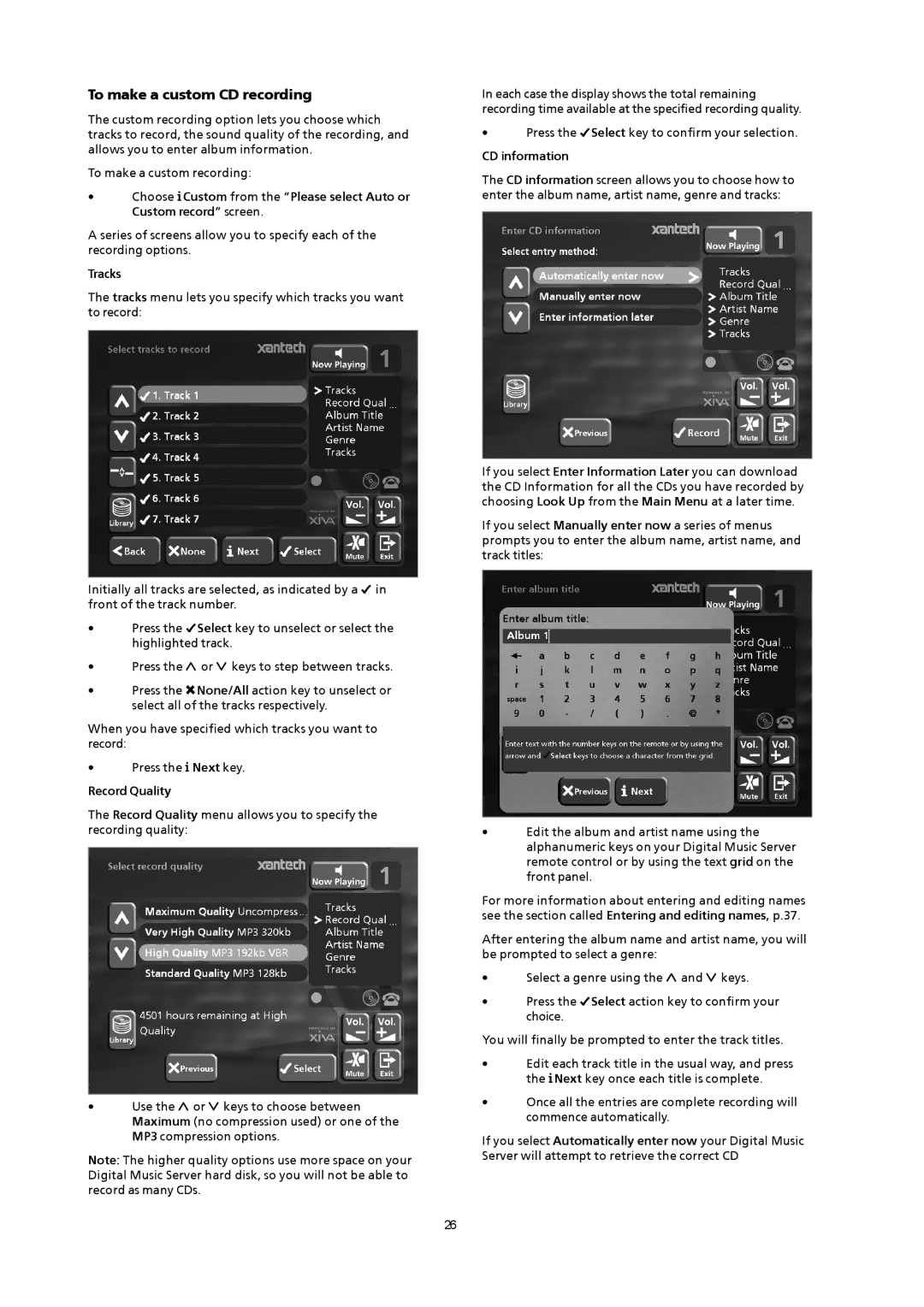 Xantech XMusic manual To make a custom CD recording, Tracks, Record Quality, CD information 