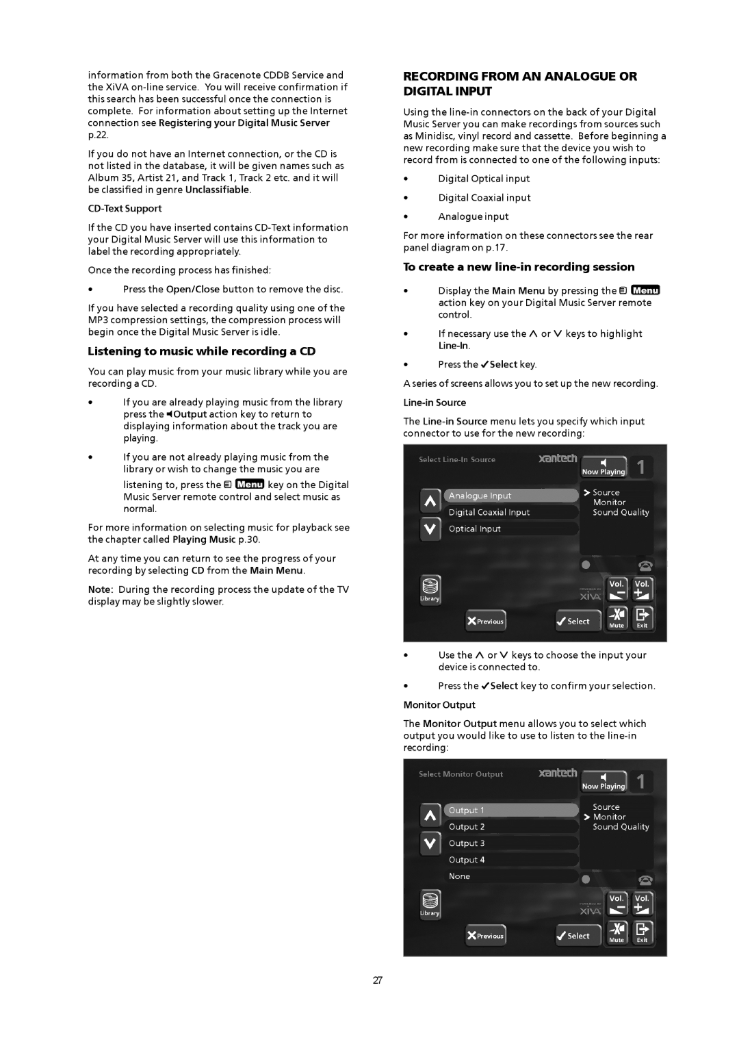 Xantech XMusic manual Recording from AN Analogue or Digital Input, Listening to music while recording a CD 