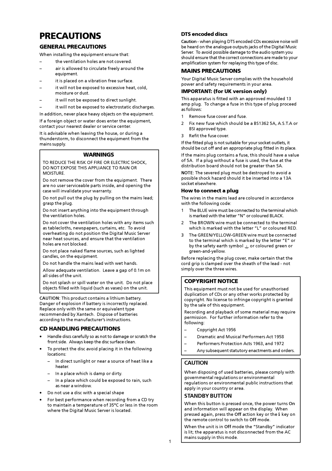 Xantech XMusic manual General Precautions, CD Handling Precautions, Mains Precautions, Standby Button 