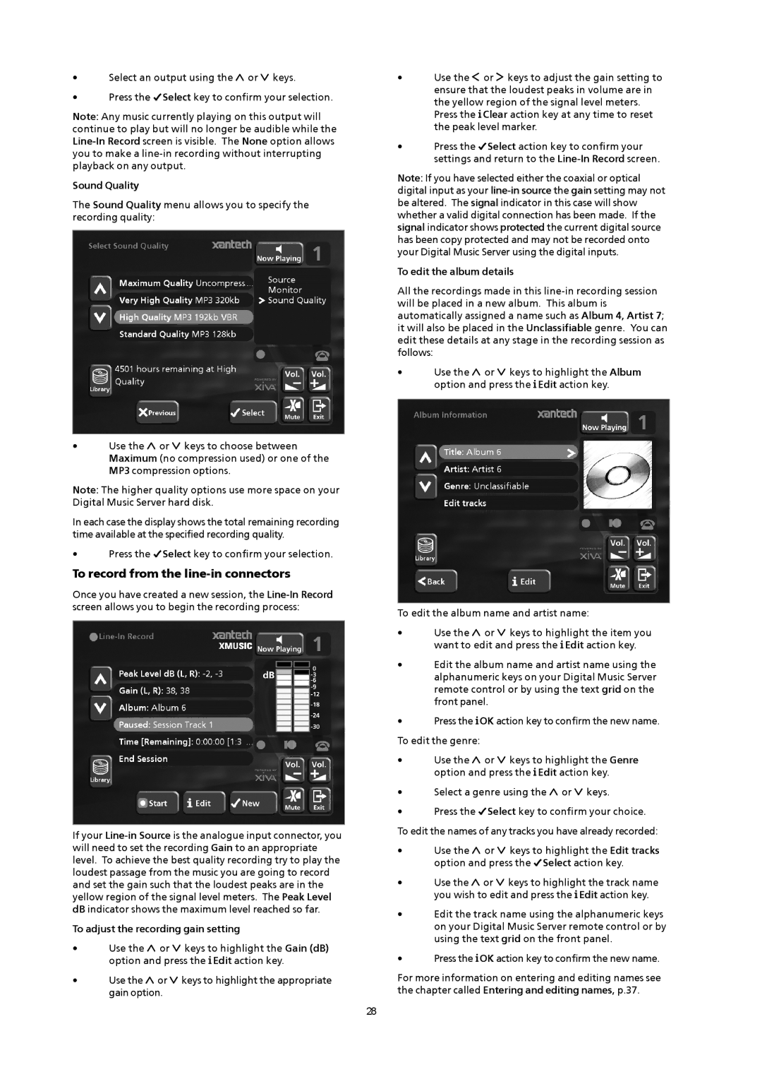 Xantech XMusic manual To record from the line-in connectors, Sound Quality, To adjust the recording gain setting 