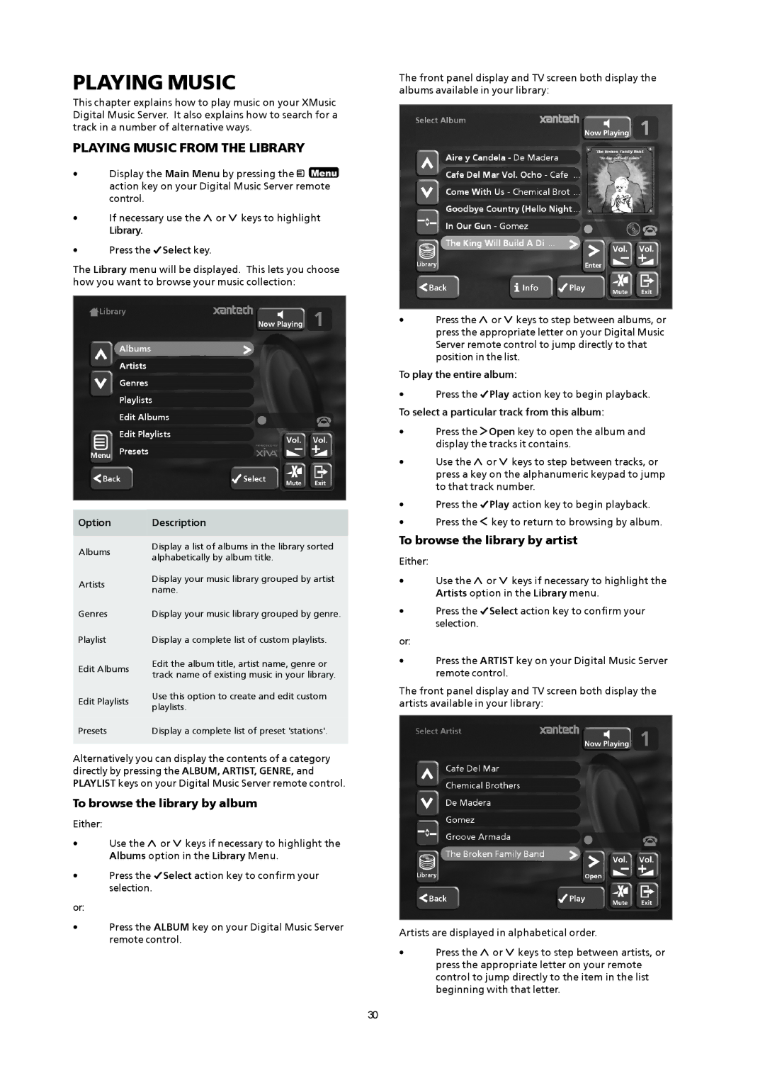 Xantech XMusic manual Playing Music from the Library, To browse the library by artist, To browse the library by album 