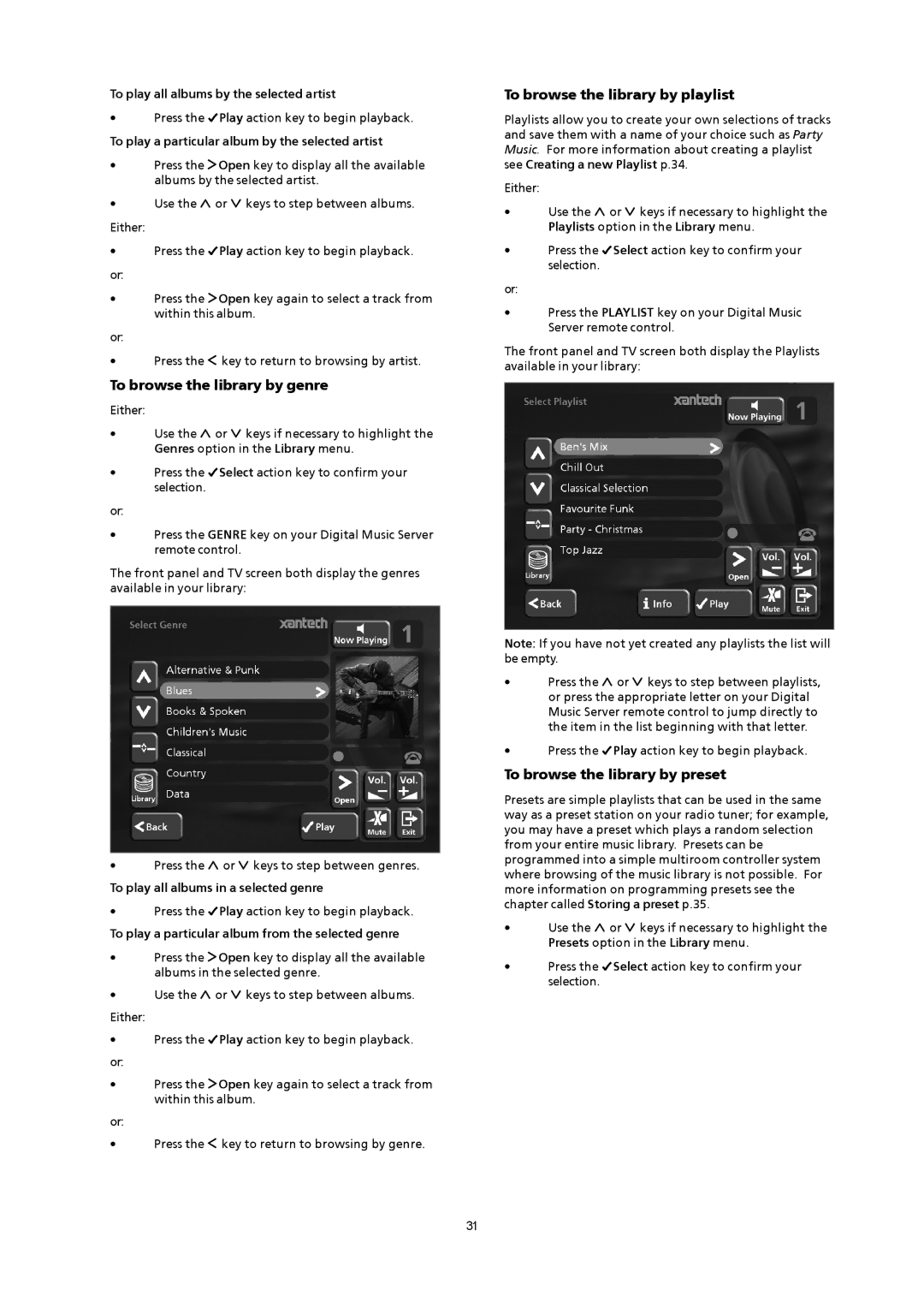 Xantech XMusic manual To browse the library by genre, To browse the library by playlist, To browse the library by preset 