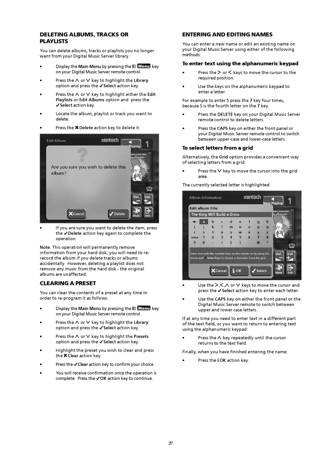 Xantech XMusic manual Deleting ALBUMS, Tracks or Playlists, Clearing a Preset, Entering and Editing Names 