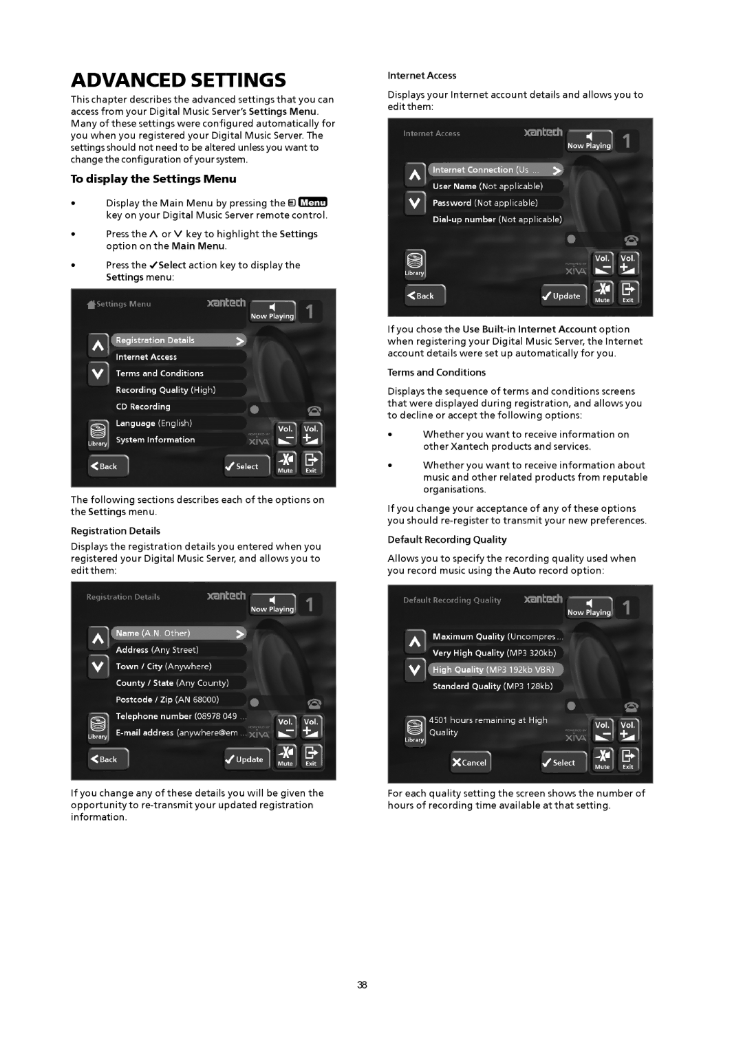 Xantech XMusic manual Advanced Settings, To display the Settings Menu, Registration Details, Internet Access 