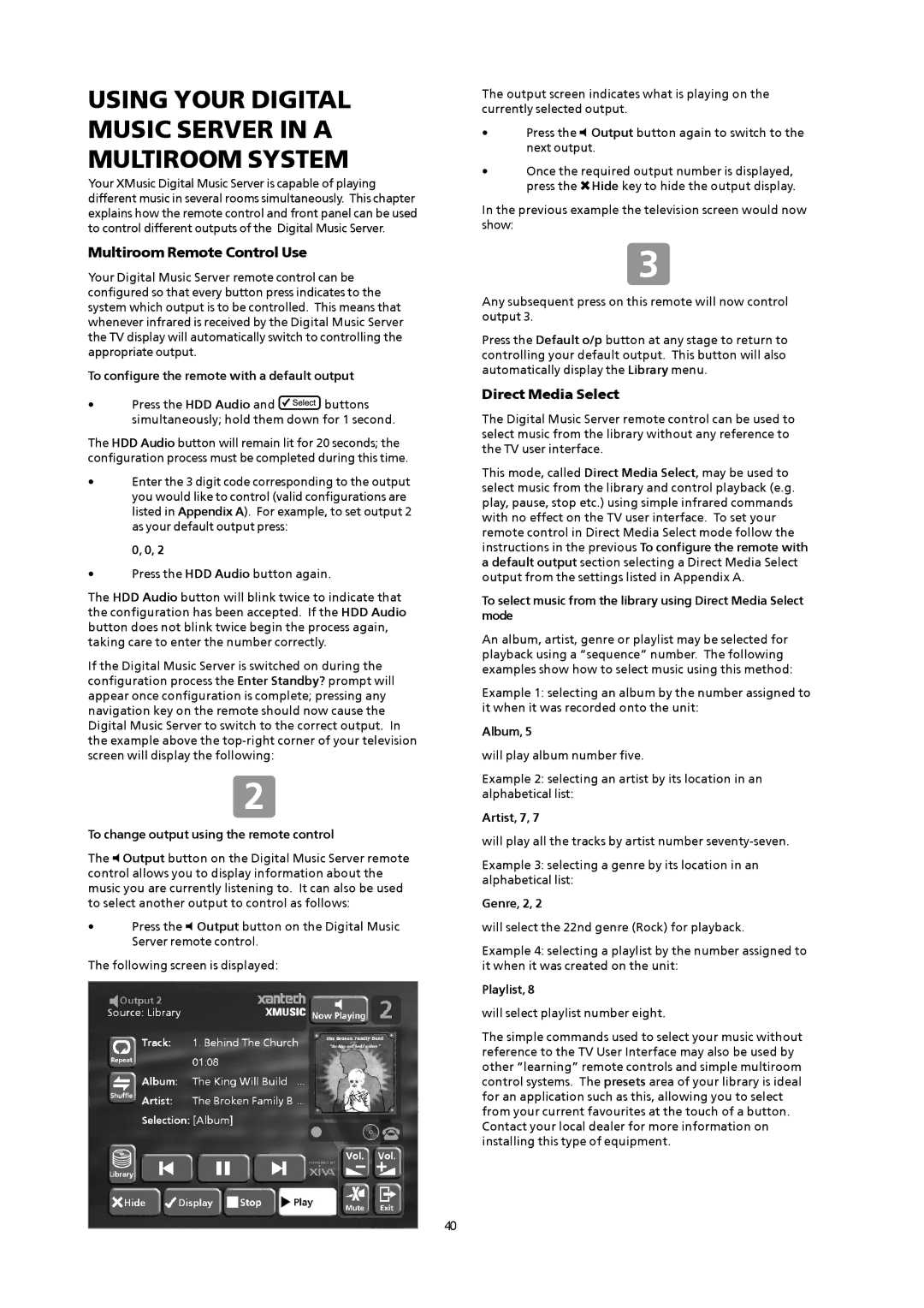 Xantech XMusic Using Your Digital Music Server in a Multiroom System, Multiroom Remote Control Use, Direct Media Select 