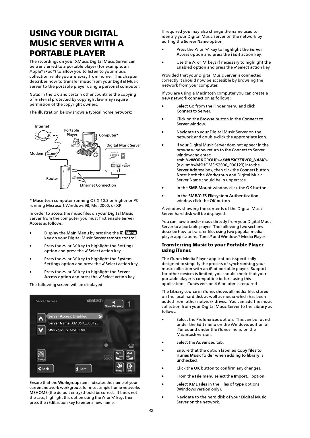 Xantech XMusic manual Using Your Digital Music Server with a Portable Player 