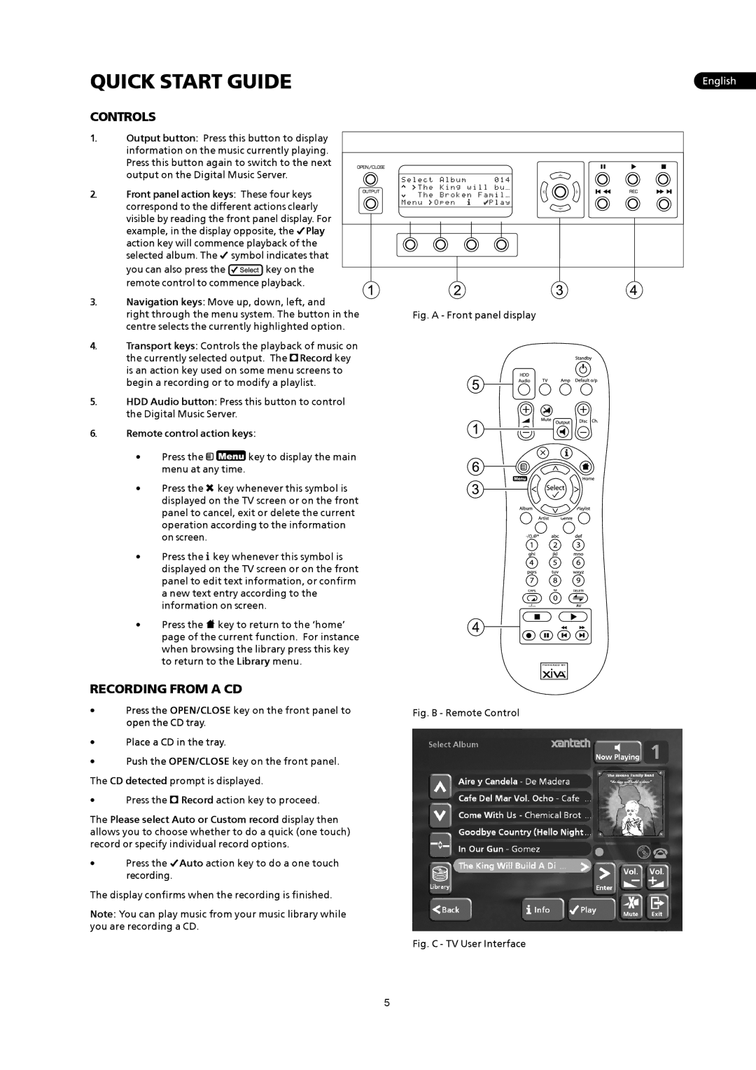 Xantech XMusic manual Quick Start Guide, Controls, Recording from a CD, Remote control action keys, Place a CD in the tray 