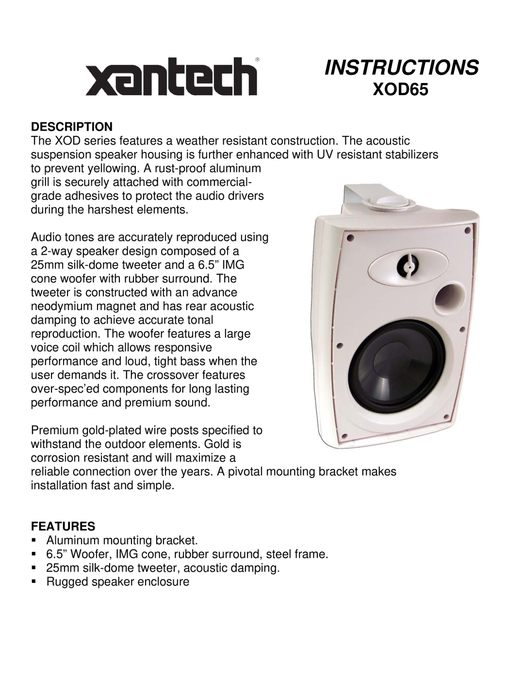 Xantech XOD65 manual Instructions, Description, Features 