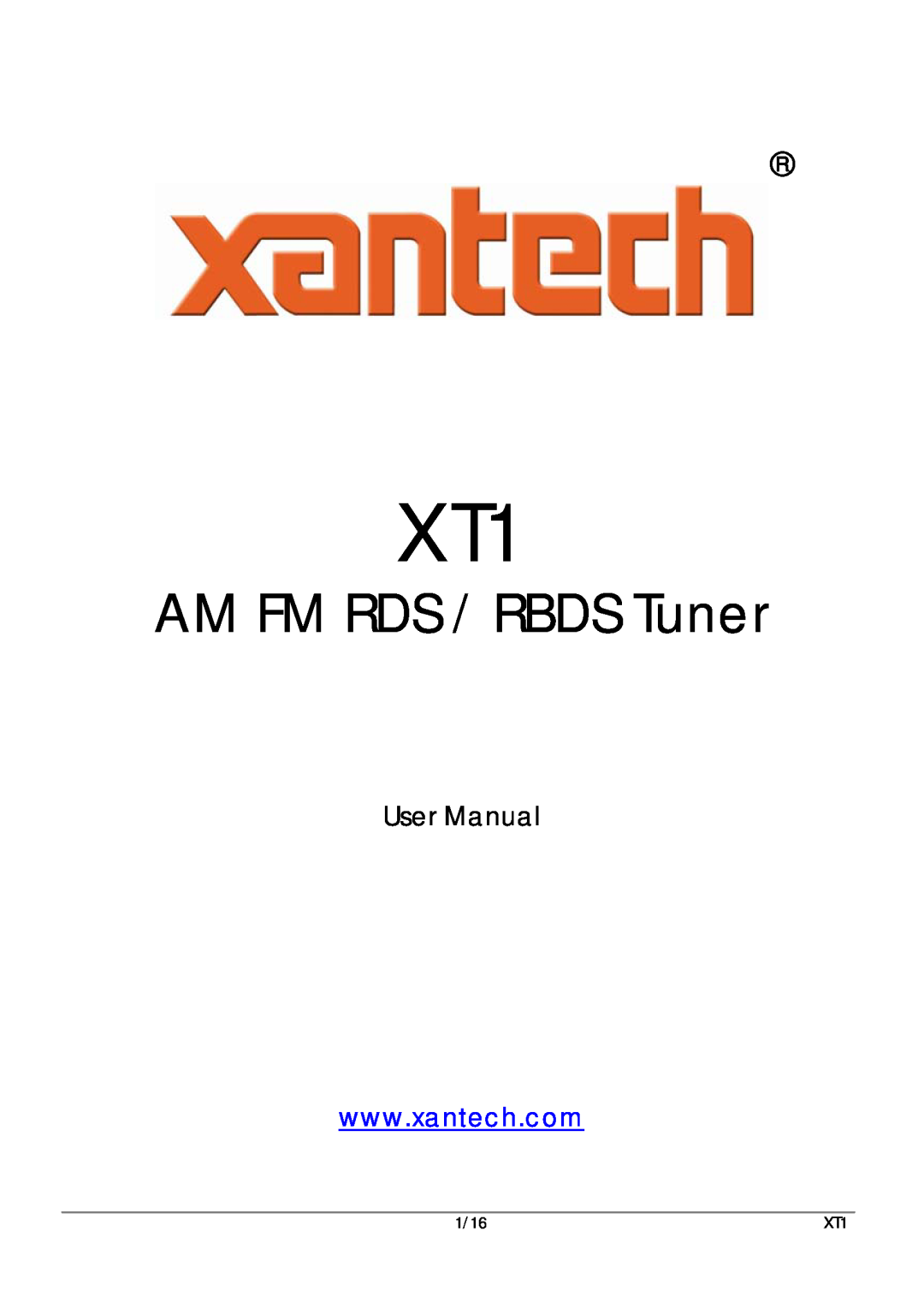 Xantech XT1 user manual AM FM RDS / RBDS Tuner 