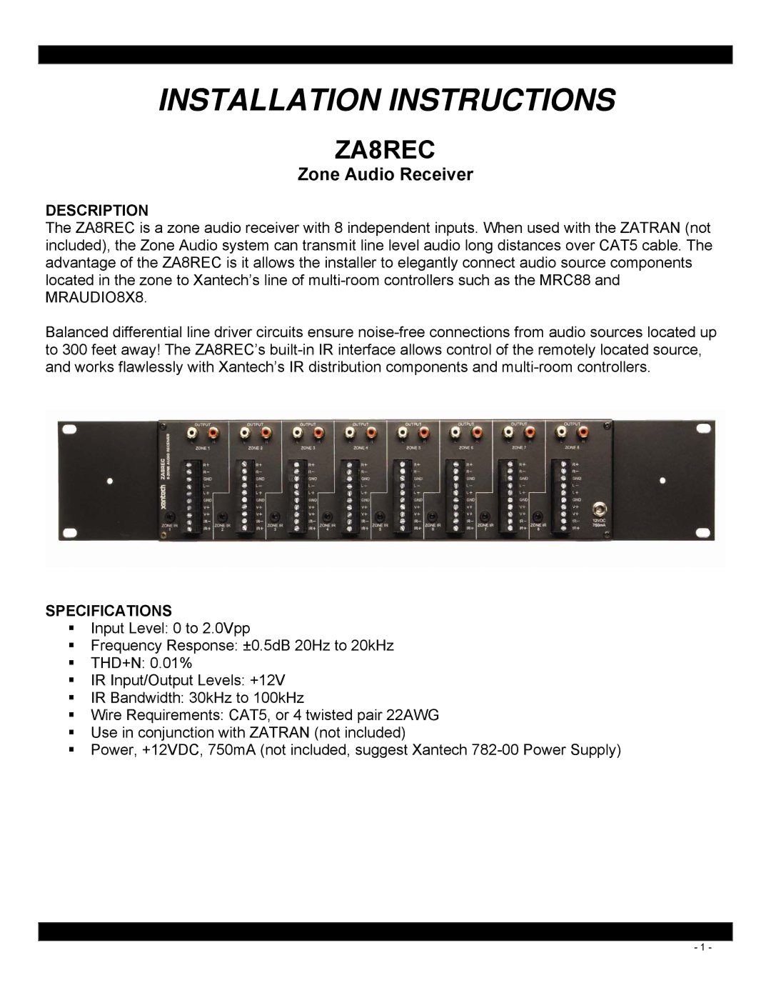 Xantech ZA8REC installation instructions Installation Instructions 