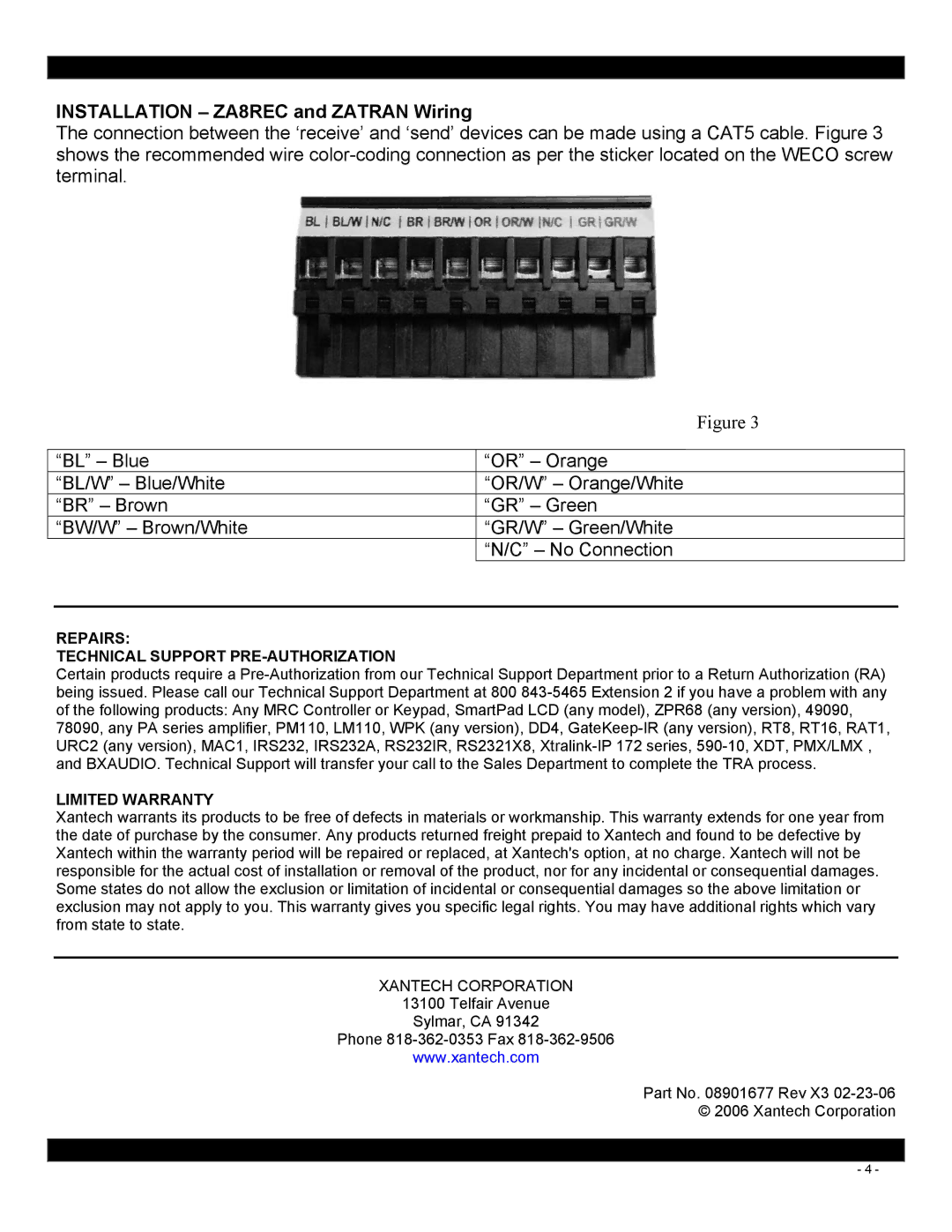 Xantech installation instructions Installation ZA8REC and Zatran Wiring 