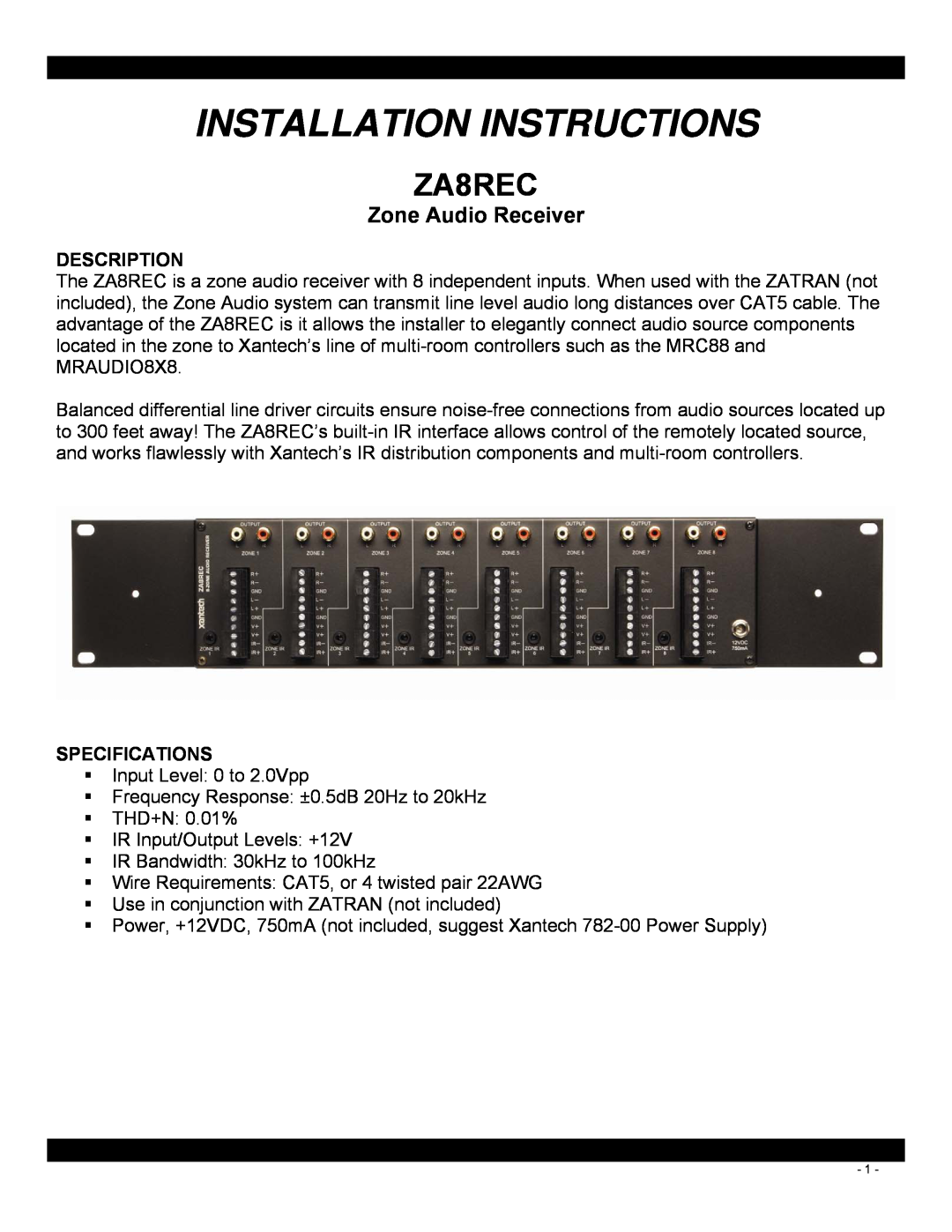 Xantech ZA8REC installation instructions Description, Specifications, Installation Instructions, Zone Audio Receiver 