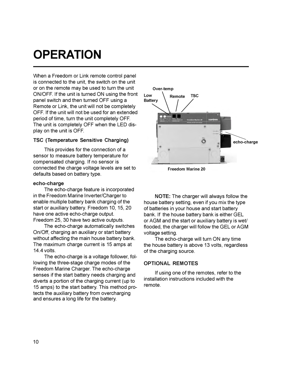 Xantrex Technology 10, 15, 30, 20, 25 owner manual TSC Temperature Sensitive Charging, Optional Remotes 