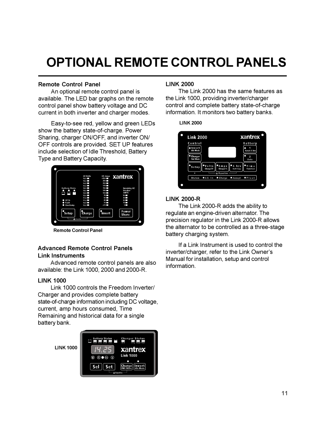 Xantrex Technology 15, 10 Optional Remote Control Panels, Advanced Remote Control Panels Link Instruments, Link 2000-R 