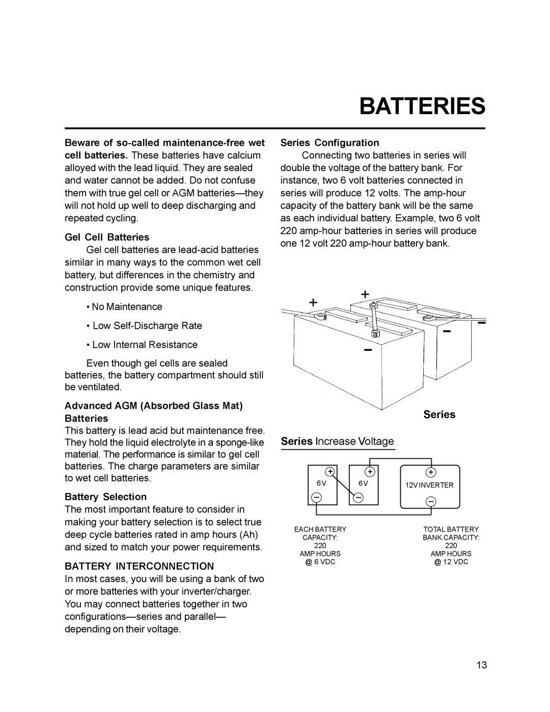 Xantrex Technology 20, 10, 15, 30, 25 owner manual Batteries, Battery Interconnection 