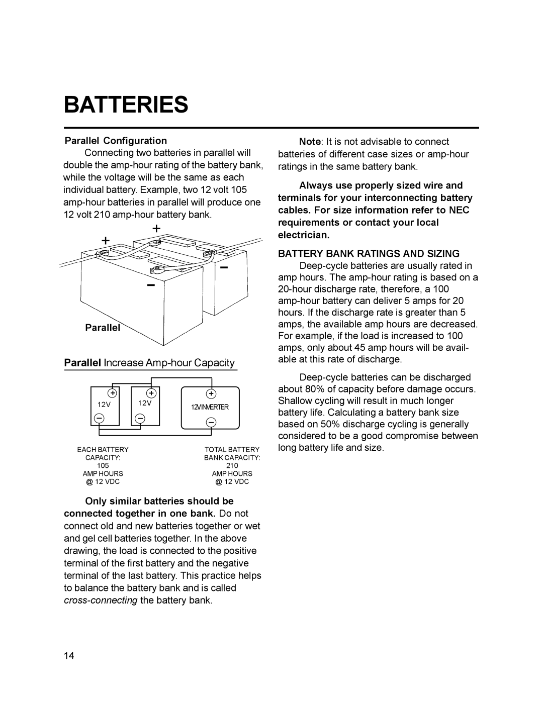 Xantrex Technology 25, 10, 15, 30, 20 owner manual Parallel Configuration, Battery Bank Ratings and Sizing 