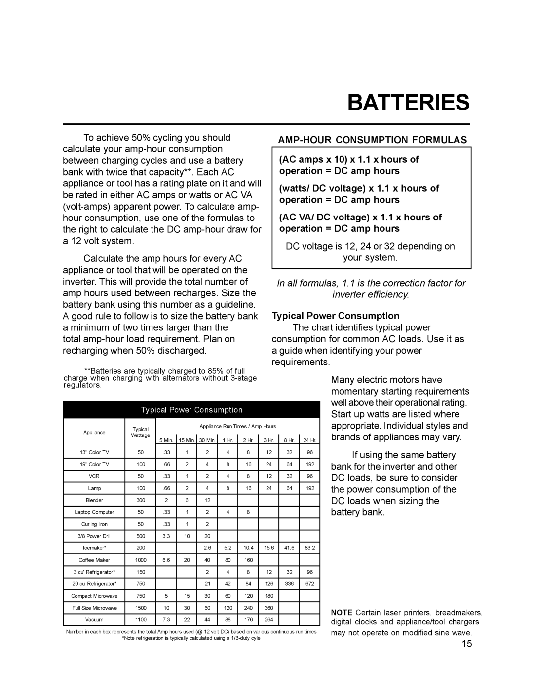 Xantrex Technology 10, 15, 30, 20, 25 owner manual AMP-HOUR Consumption Formulas 