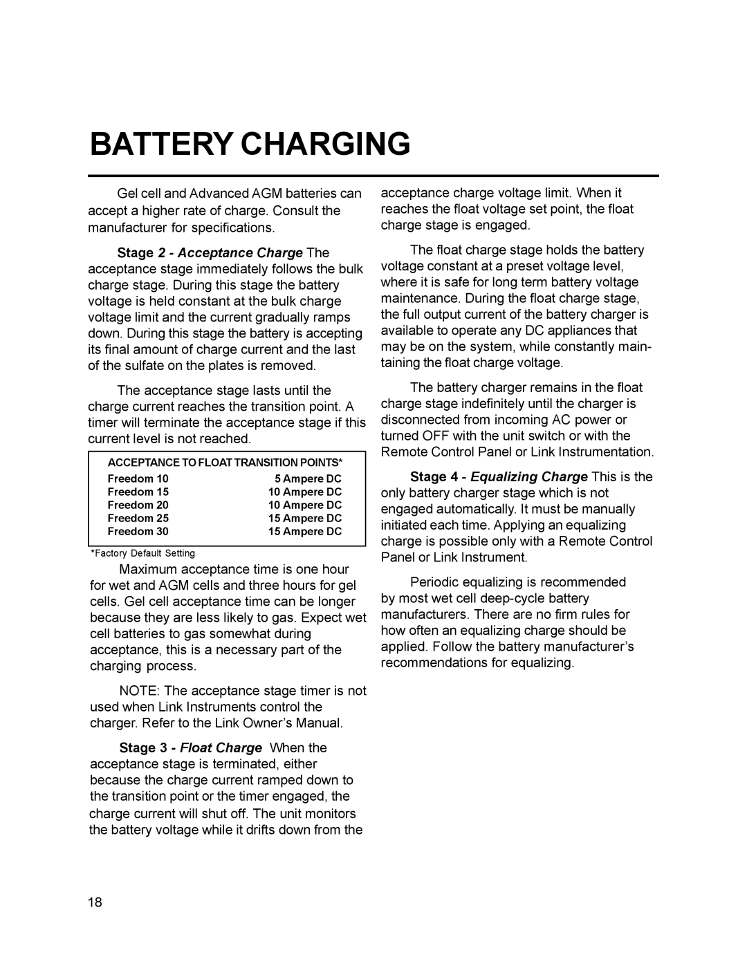 Xantrex Technology 20, 10, 15, 30, 25 owner manual Acceptance to Float Transition Points 