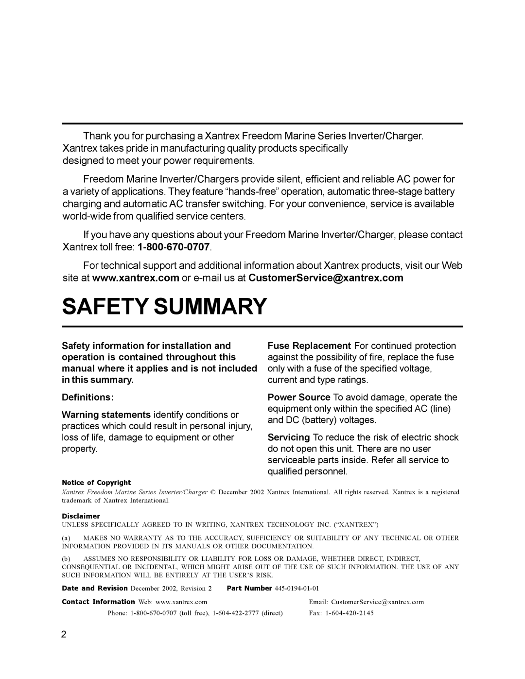 Xantrex Technology 30, 10, 15, 20, 25 owner manual Safety Summary, Disclaimer 