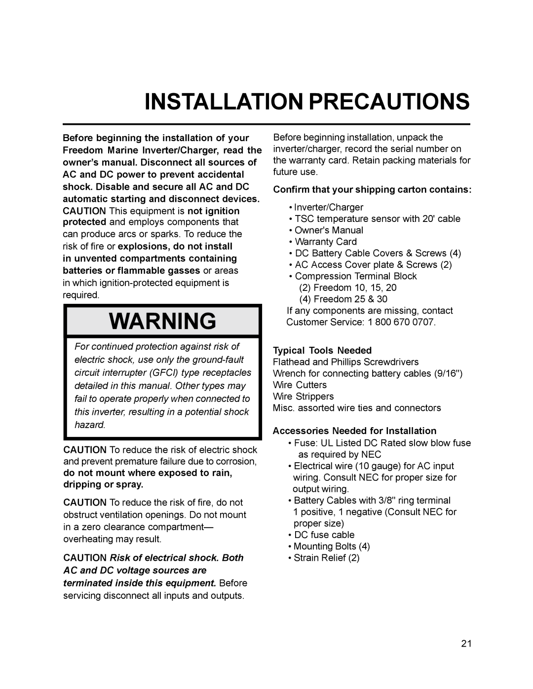 Xantrex Technology 15, 10, 30, 20 Installation Precautions, Confirm that your shipping carton contains, Typical Tools Needed 