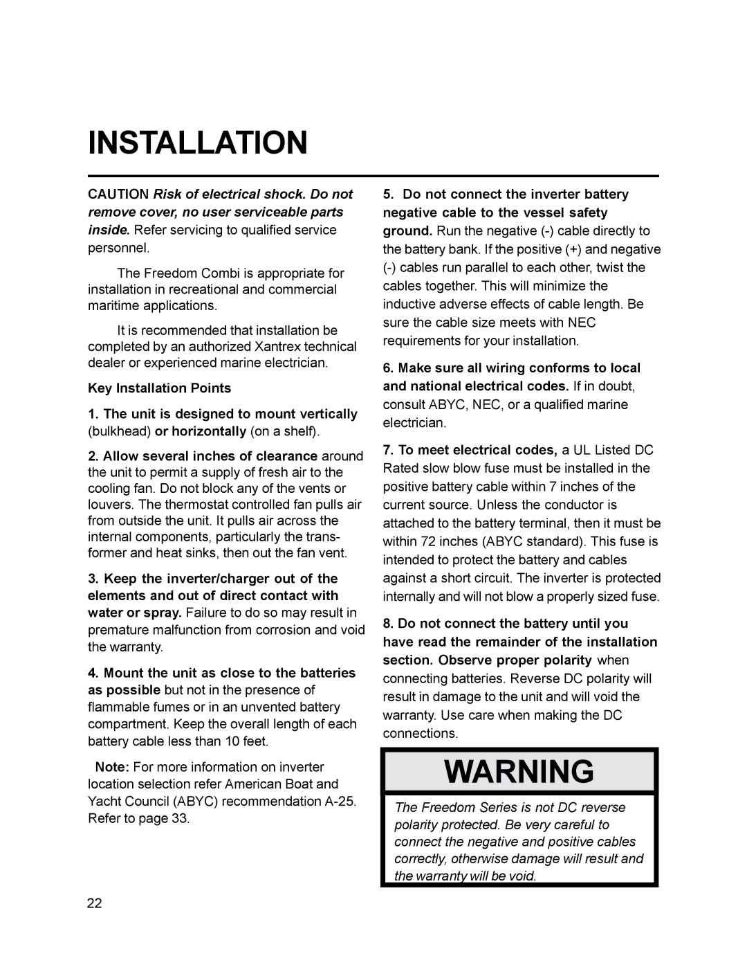 Xantrex Technology 30, 10, 15, 20, 25 owner manual Key Installation Points 