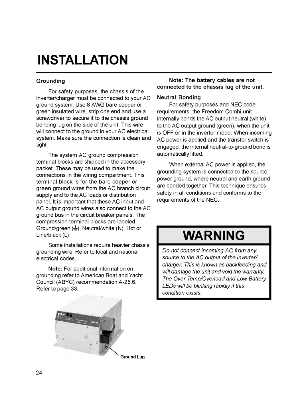 Xantrex Technology 25, 10, 15, 30, 20 owner manual Grounding, Neutral Bonding 