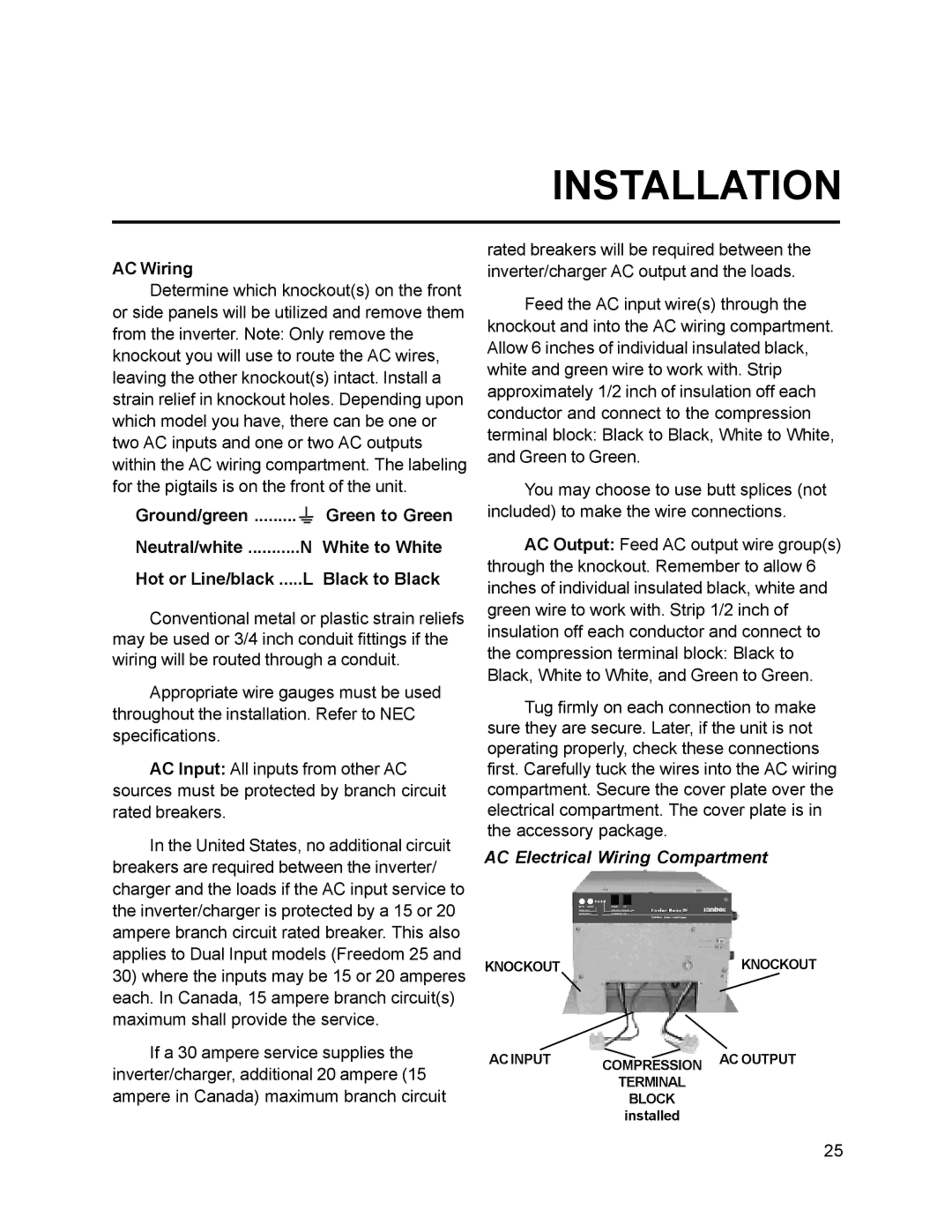 Xantrex Technology 10, 15, 30, 20, 25 owner manual AC Wiring, Ground/green, White to White, Black to Black 