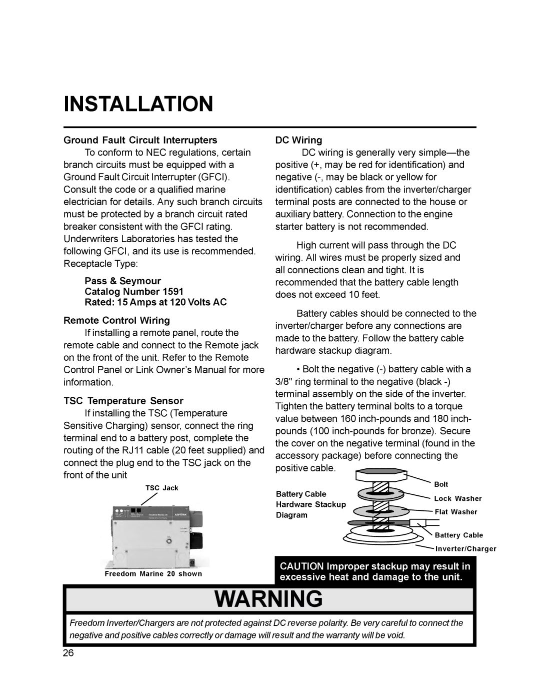 Xantrex Technology 15, 10, 30, 20, 25 owner manual Installation, Ground Fault Circult Interrupters, DC Wiring 