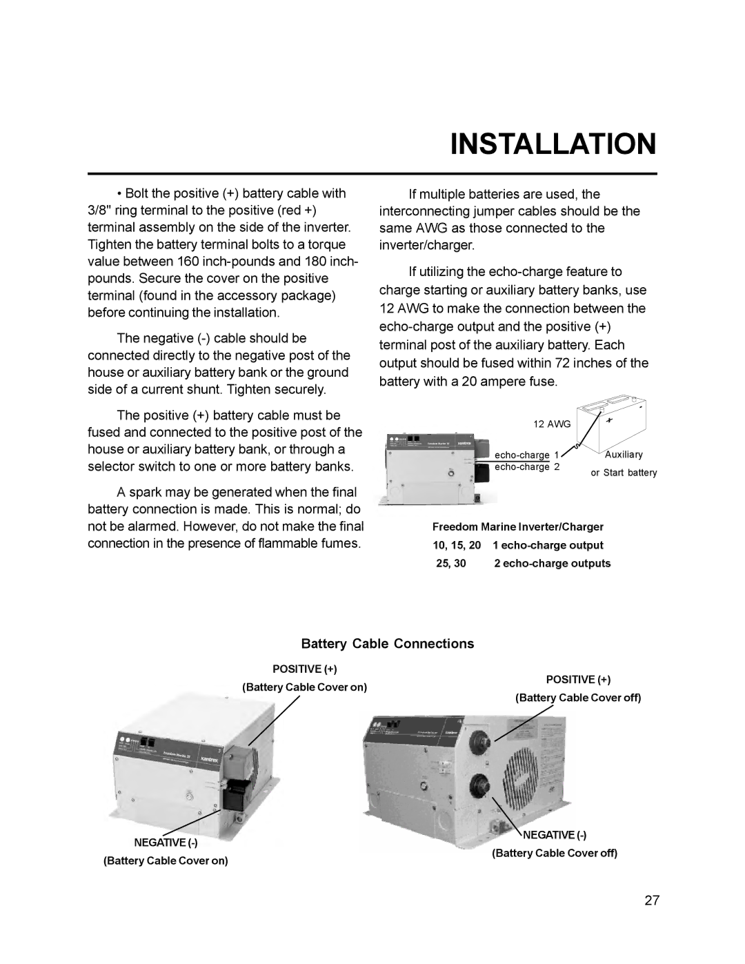 Xantrex Technology 30, 10, 15, 20, 25 owner manual Battery Cable Connections 