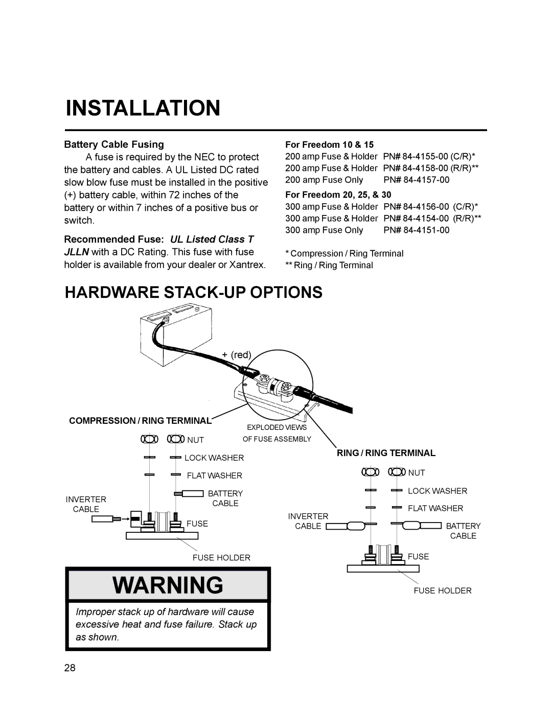 Xantrex Technology 20, 15, 30, 25 owner manual Battery Cable Fusing, For Freedom 10 