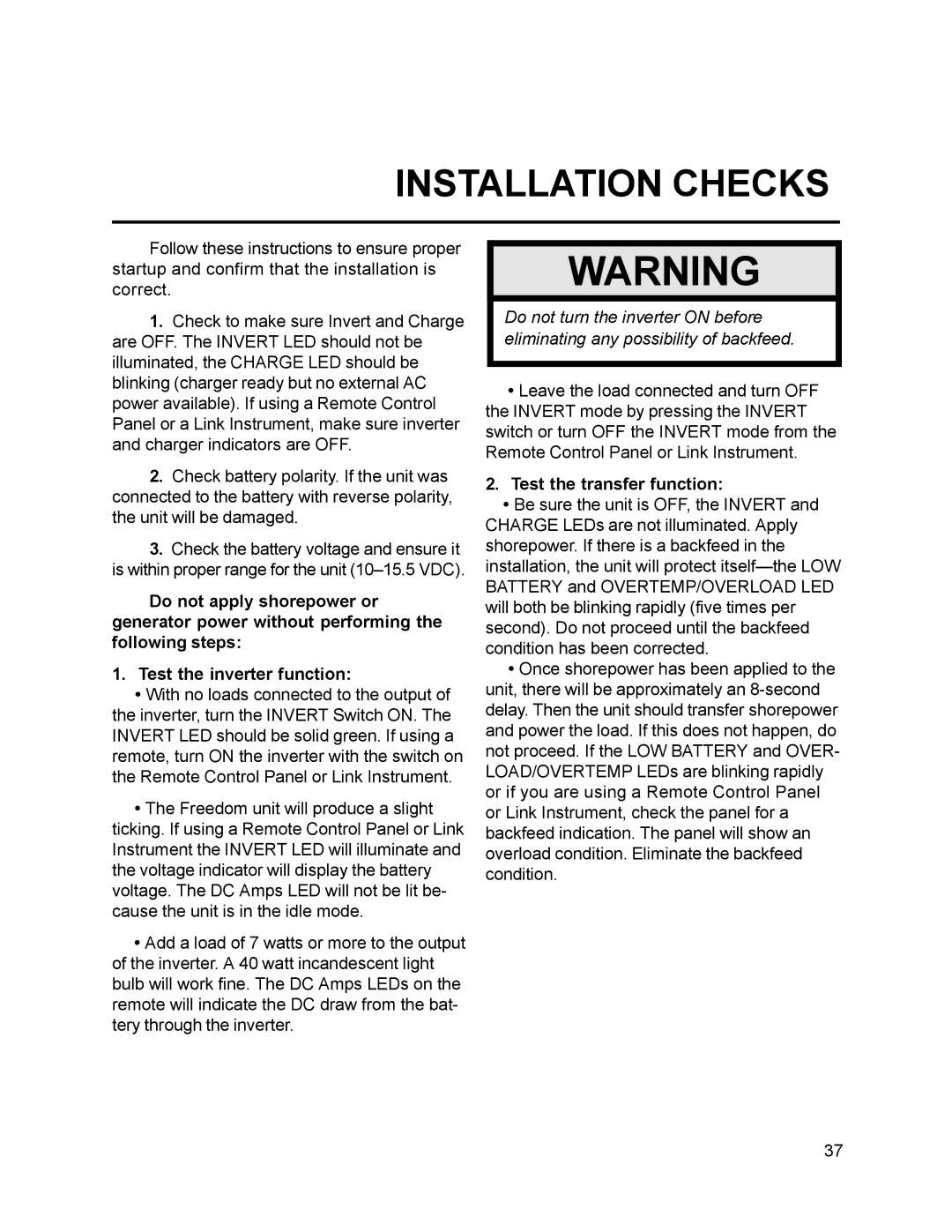 Xantrex Technology 30, 10, 15, 20, 25 owner manual Installation Checks, Test the transfer function 