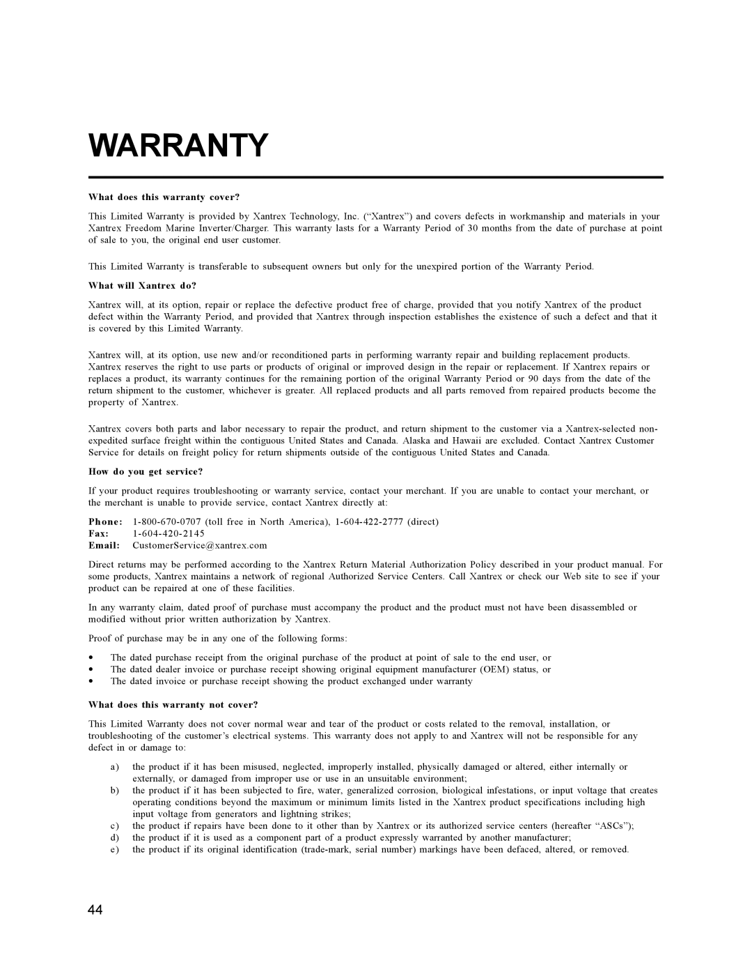 Xantrex Technology 25, 10, 15, 30, 20 owner manual Warranty, What does this warranty cover? 