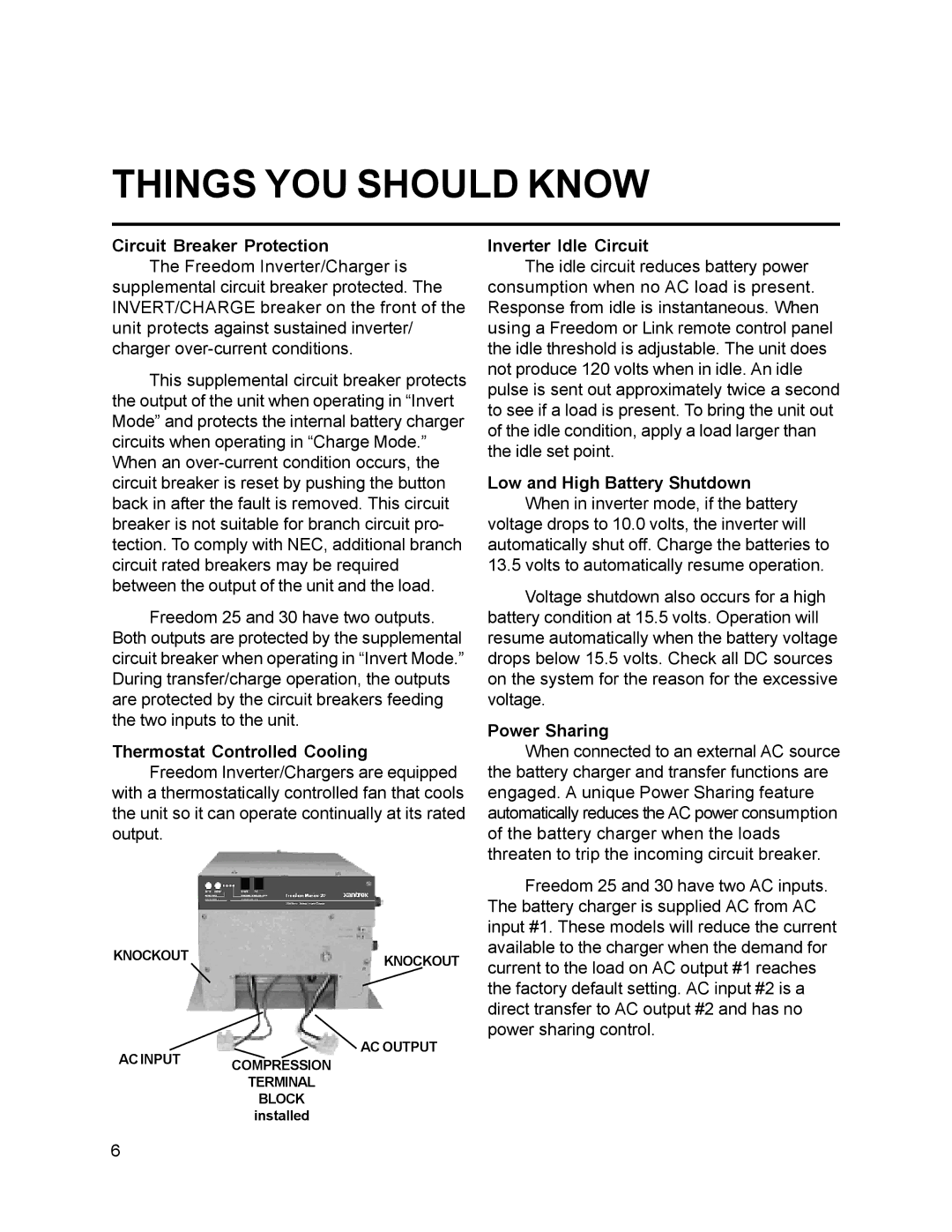 Xantrex Technology 15, 10, 30, 20, 25 owner manual Circuit Breaker Protection, Inverter Idle Circuit, Power Sharing 