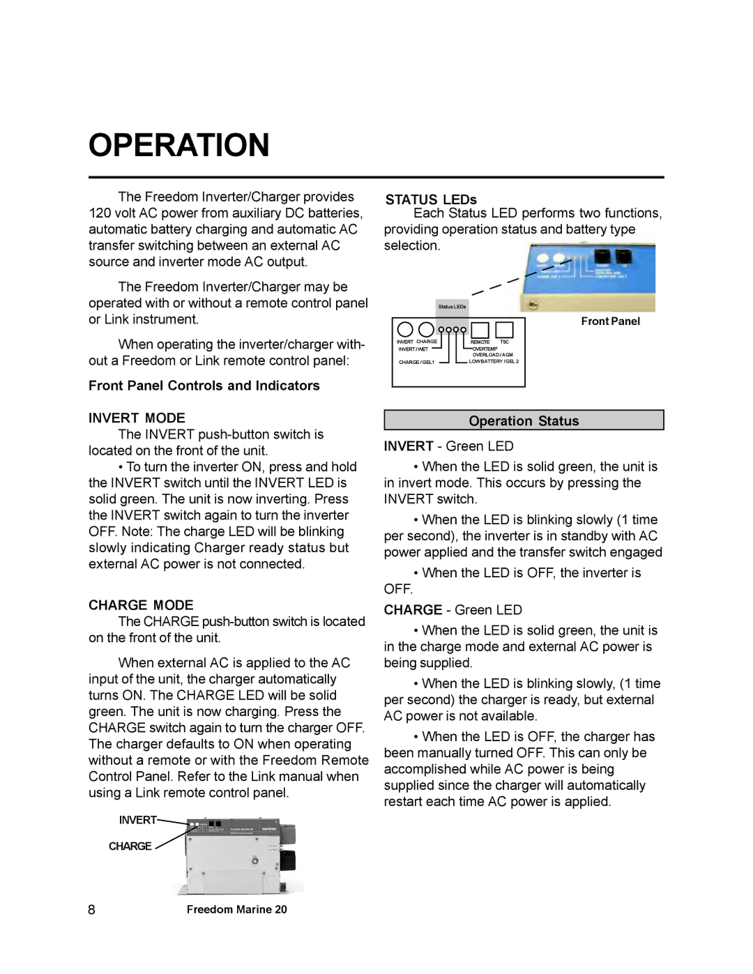 Xantrex Technology 20, 10, 15, 30, 25 owner manual Operation, Invert Mode, Charge Mode 