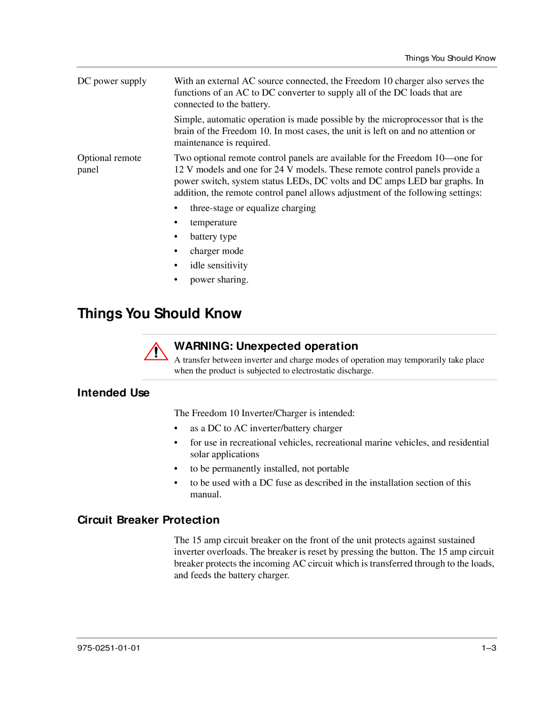 Xantrex Technology 10 owner manual Things You Should Know, Intended Use, Circuit Breaker Protection 