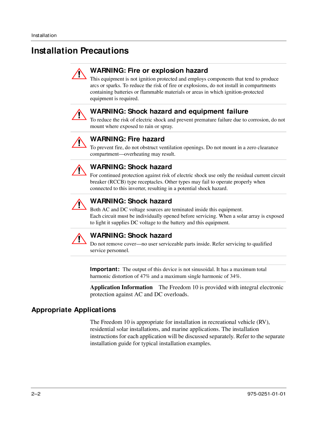 Xantrex Technology 10 owner manual Installation Precautions, Appropriate Applications 